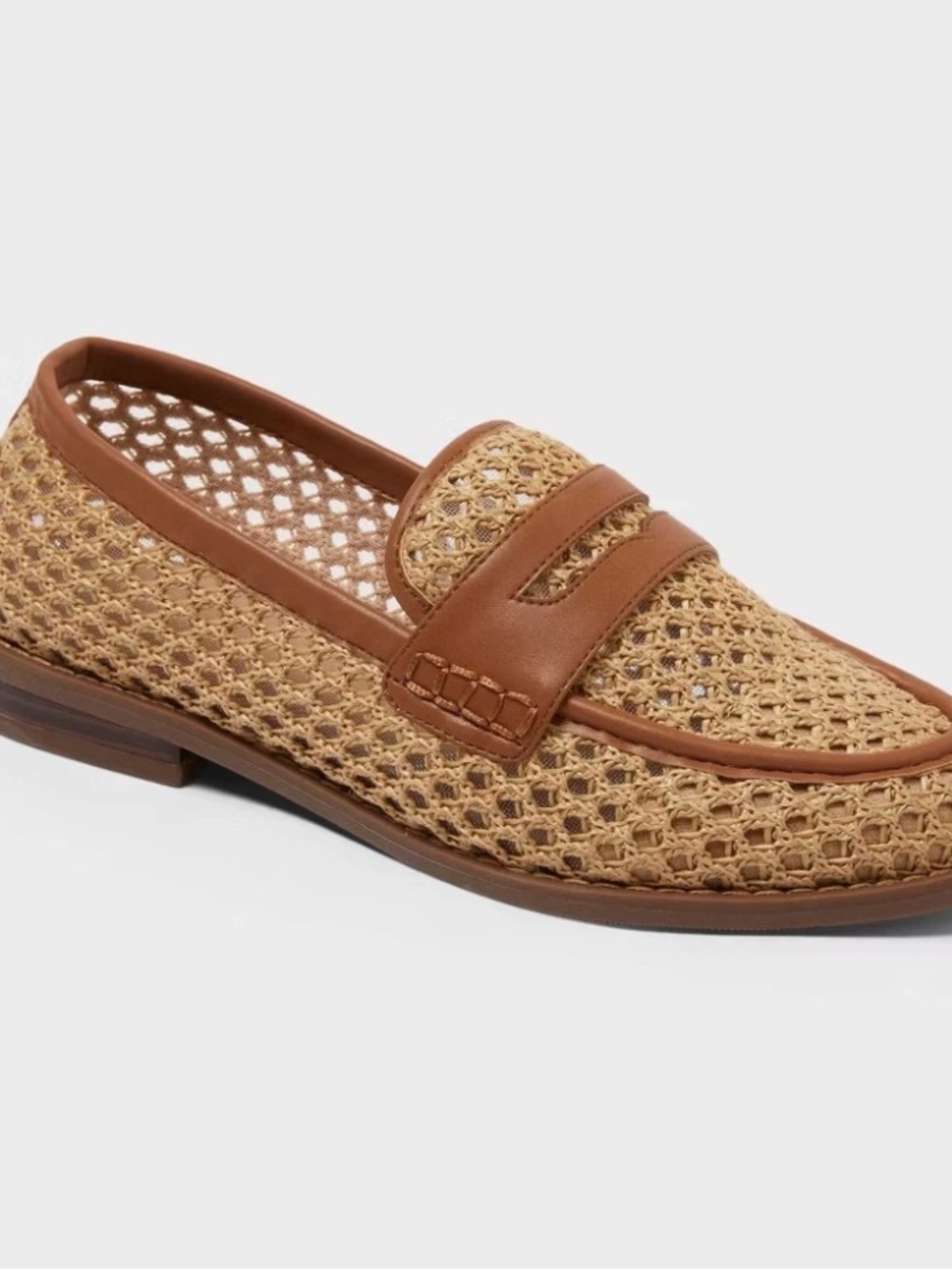 Woven Leather-Trim Penny Loafer in Tan